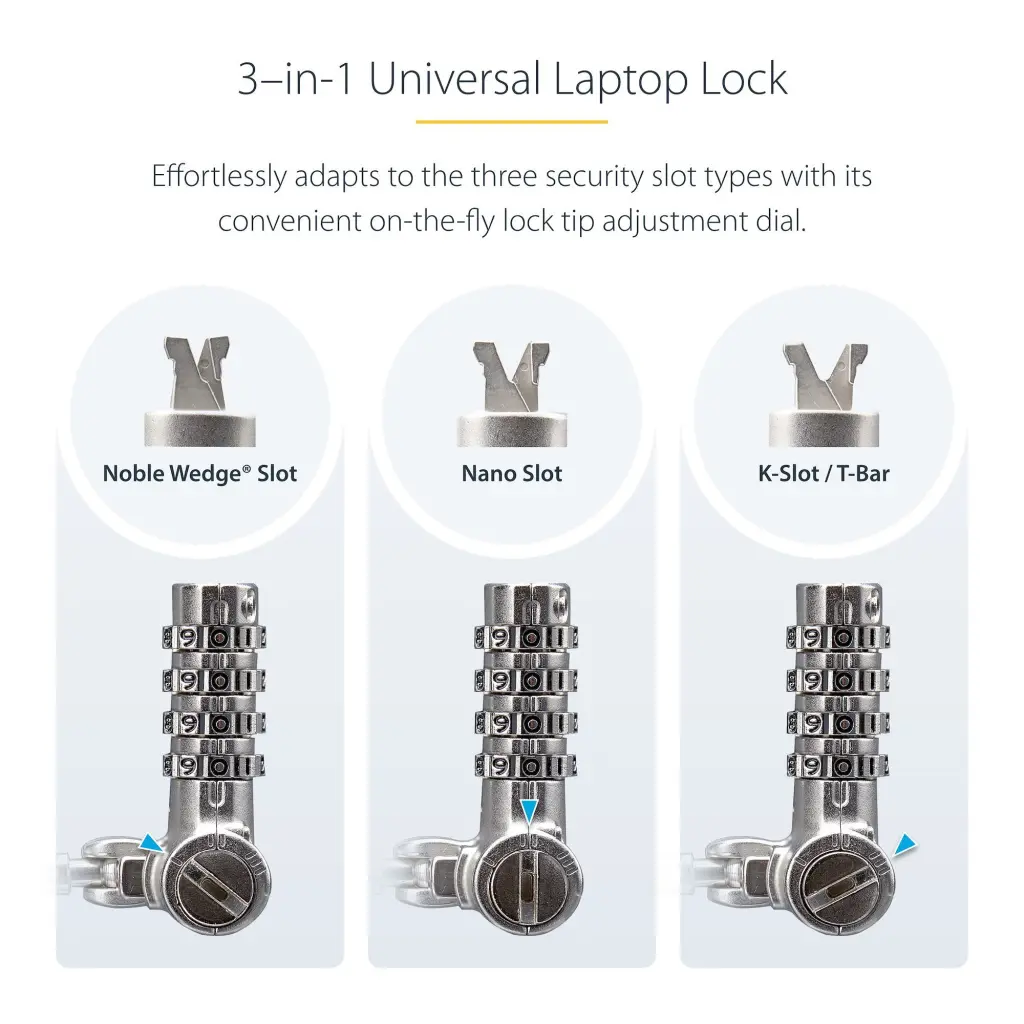 StarTech.com 3-in-1 Universal Combination Laptop Cable Lock with 2m Cable