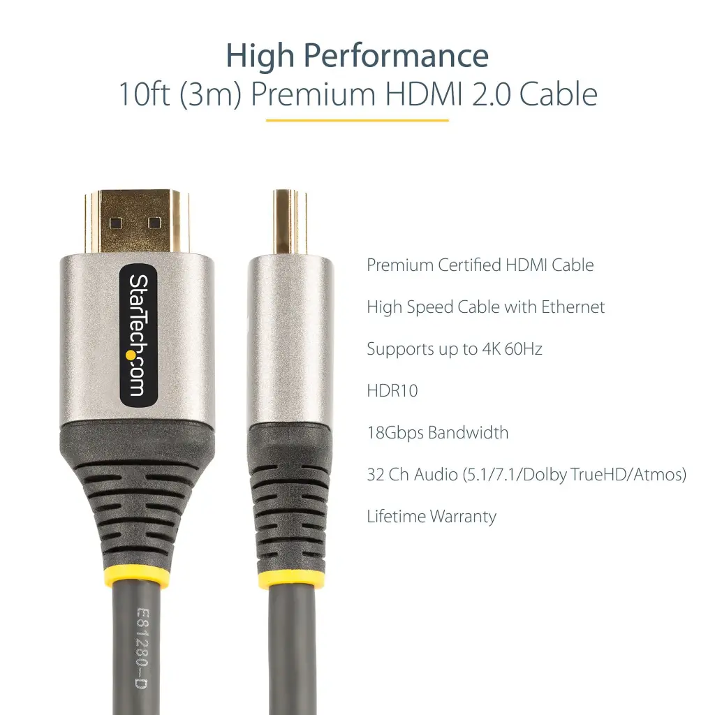 StarTech.com 10ft 3m Certified HDMI 2.0 Cable 4K 60Hz