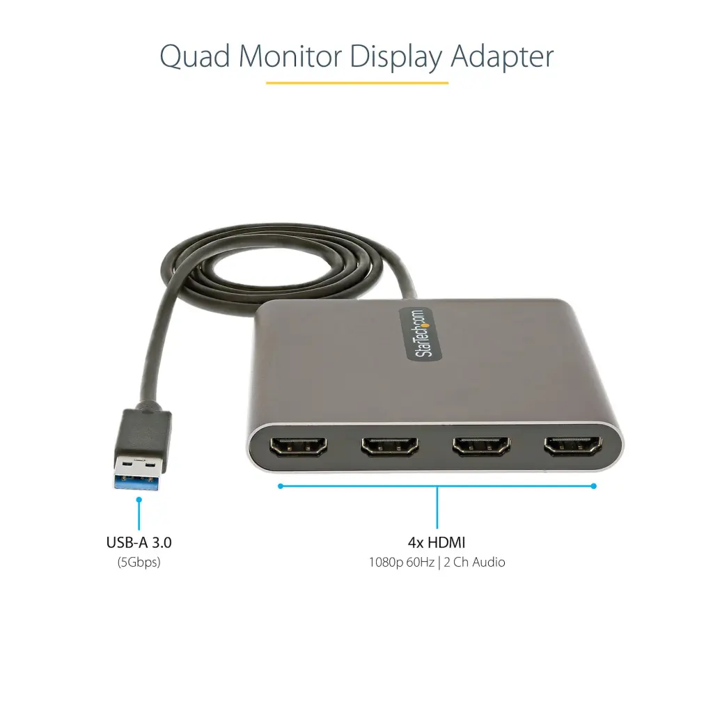 StarTech.com USB 3.0 to 4x HDMI Quad Monitor 1080p 60Hz Adapter Dongle