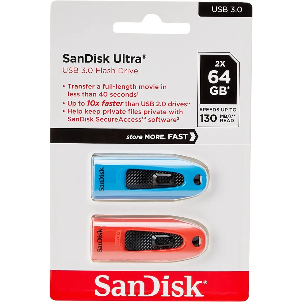 SanDisk Ultra 64GB USB 3.0 Flash Drive Twin Pack Blue and Red