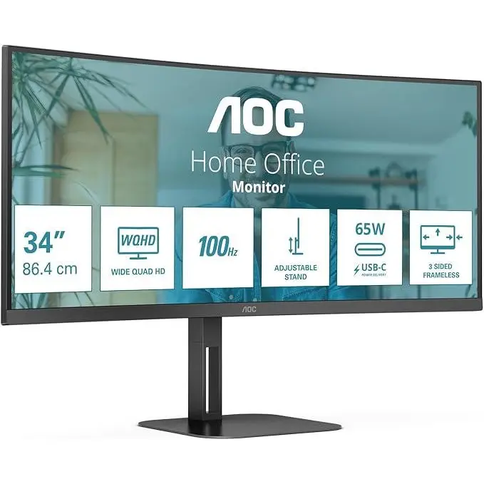 AOC V5 34 Inch 3440 x 1440 Pixels Wide Quad HD VA Panel FreeSync HDMI DisplayPort USB-C Curved Monitor