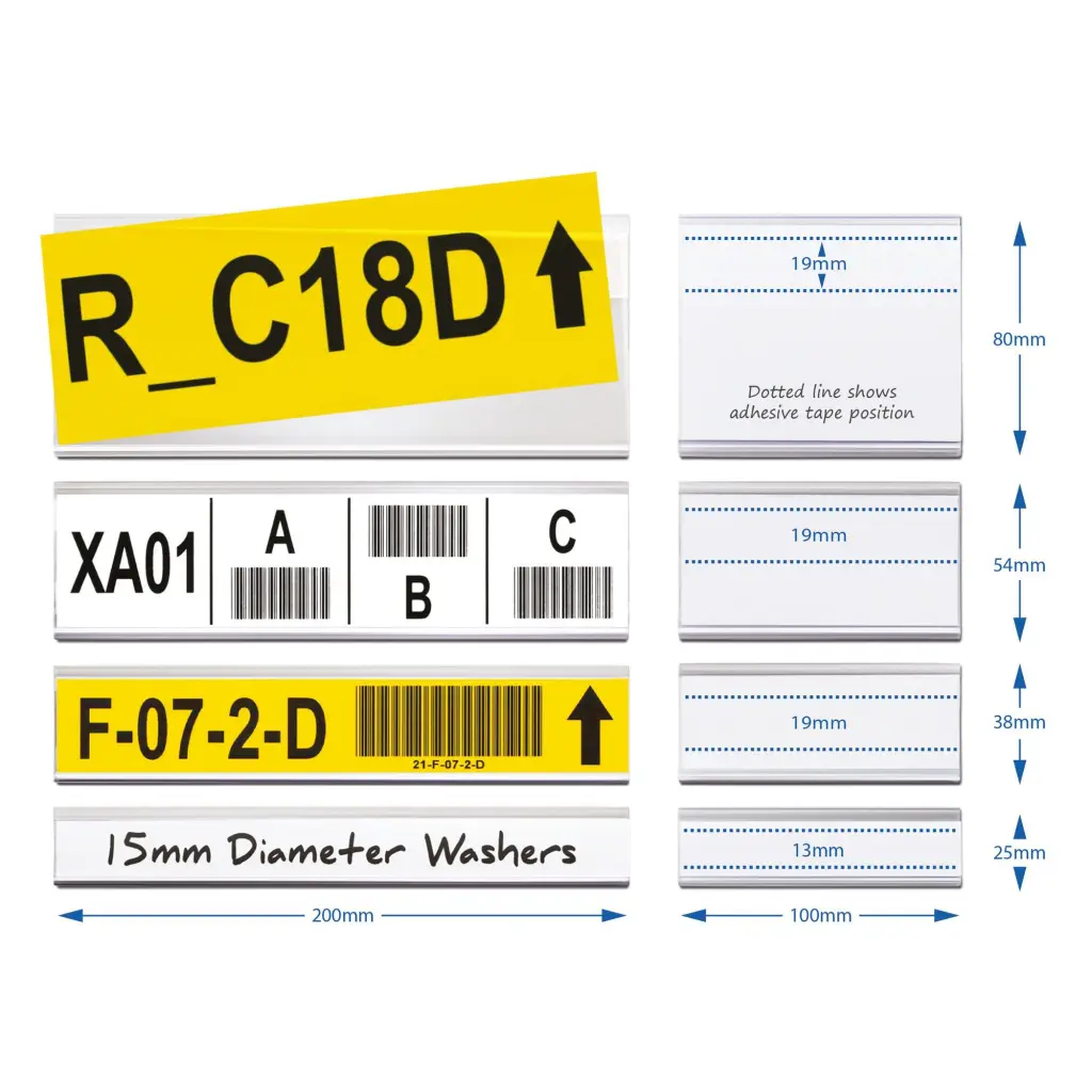 Beaverswood Self-Adhesive Ticket Holders (Clear) With Card Inserts (White) For Shelving and Racking H54mmxW1m (Pack 10) - TS54/10