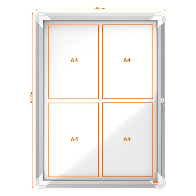 Nobo Premium Plus Outdoor Lockable Magnetic Whiteboard Display Case Aluminium Frame 4 x A4 White 494x668mm 1902577