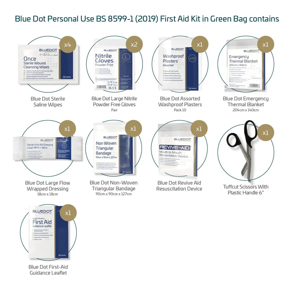 Blue Dot BS 8599-1 (2019) Personal Use First-Aid Kit In Green Zipped Bag - P1