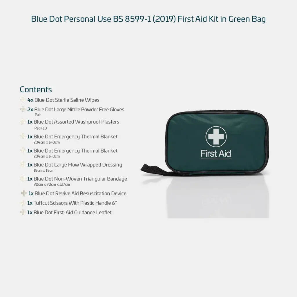 Blue Dot BS 8599-1 (2019) Personal Use First-Aid Kit In Green Zipped Bag - P1