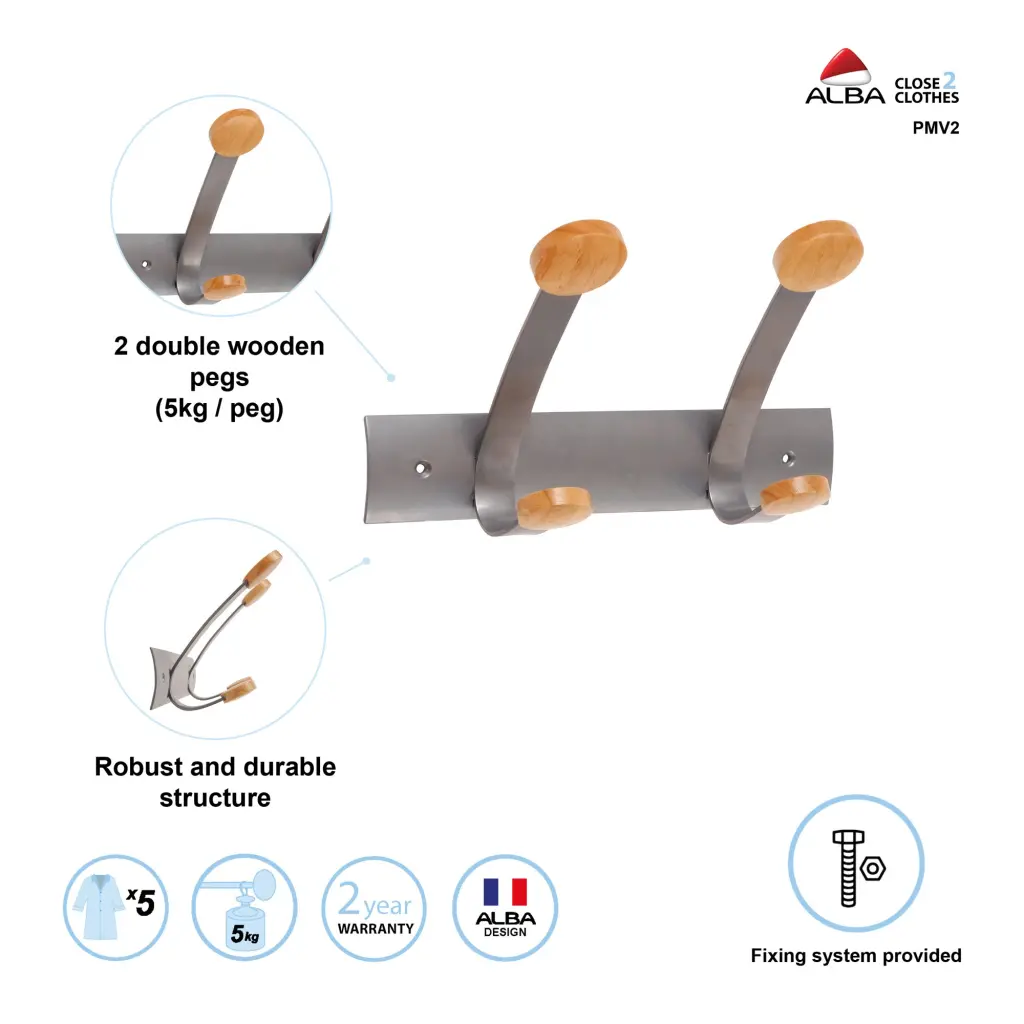 Alba Wall Coat Hook 2 Double Pegs Silver Grey/Light Wood - PMV2