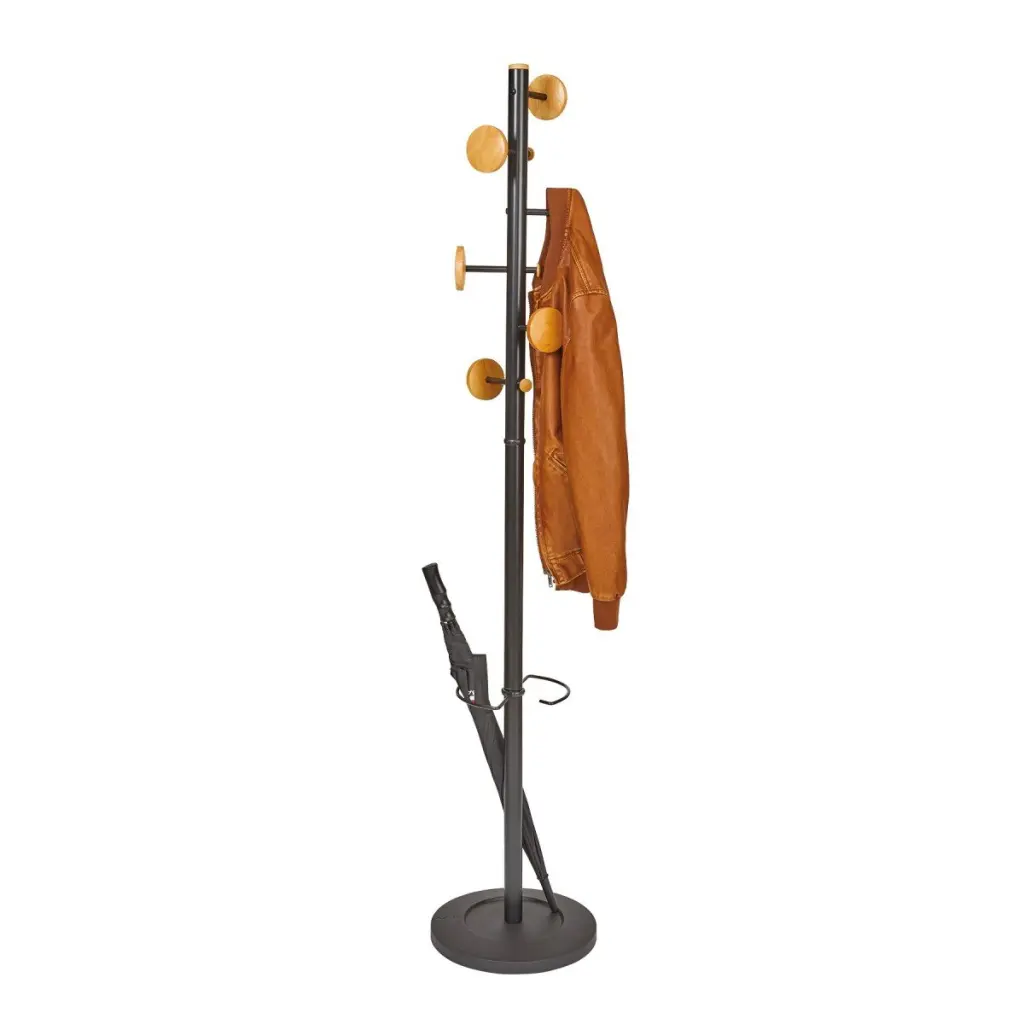 Alba Coat Stand 6 Pegs Plus 3 Mini Pegs Wood And Steel H175cm Black - PMMUSIC N