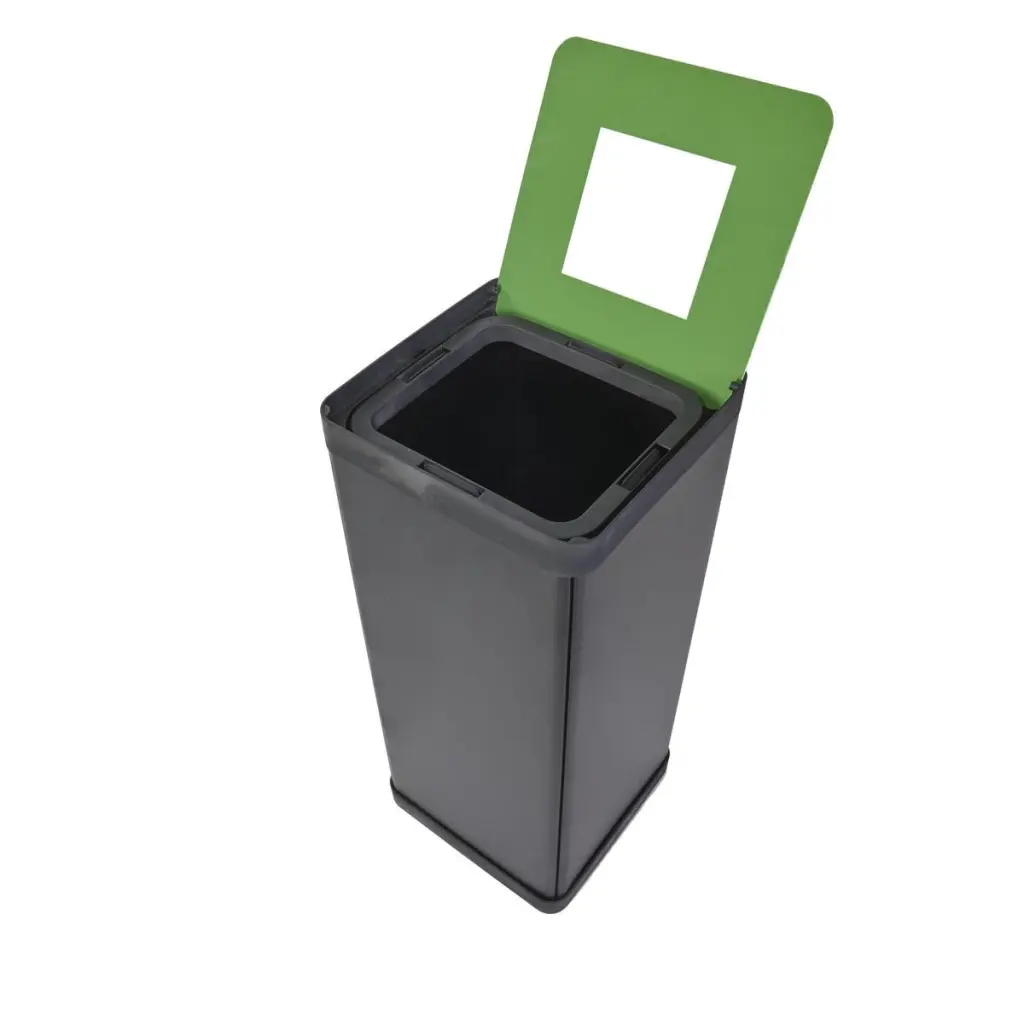 Alba Recycling Bin 50L Steel Black With Green Square Hole Lid H73xW31xD31cm - PBCORBN V