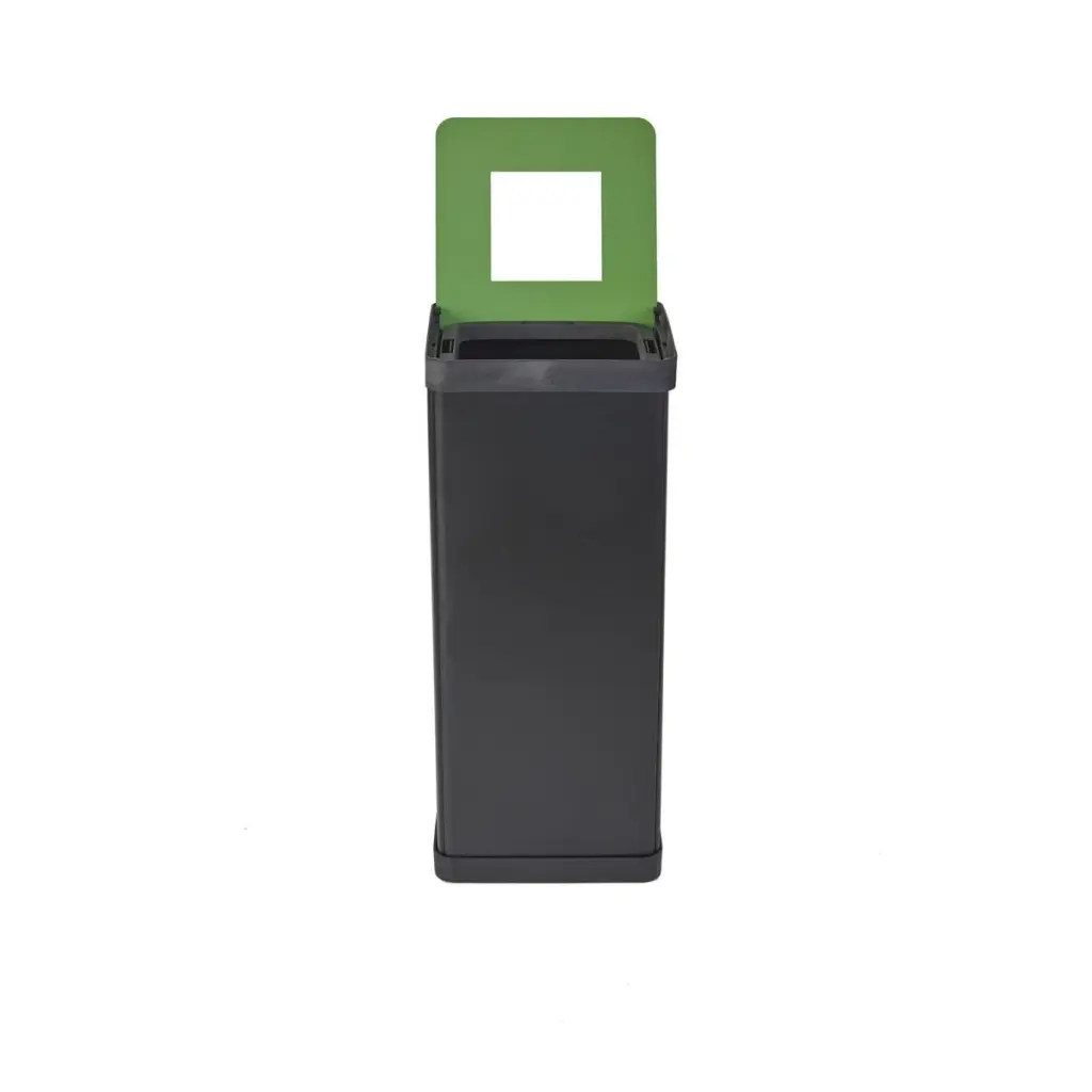 Alba Recycling Bin 50L Steel Black With Green Square Hole Lid H73xW31xD31cm - PBCORBN V