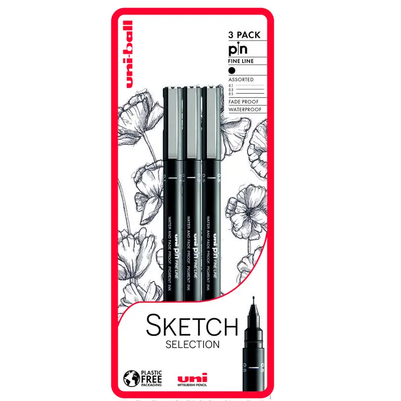 uni PIN Sketch Selection Pigment Ink Fine Line Pen 01mm 0.3mm Tip & 0.5mm Tip Blister Plastic Free Packaging (Pack 3) - 238212791