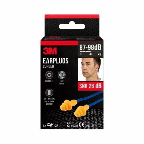 3M™ Corded Earplugs 1271 Three flange design Reusable SNR value 26 dB Orange