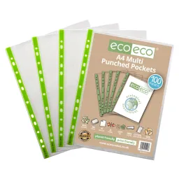 A4 100% Recycled Bag 100 65 Micron Multi Punched Pockets 