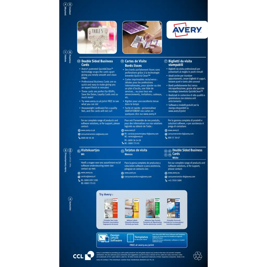 Avery Business Cards 85mm x 54mm Inkjet Prints on Both Sides 100 Cards / 10 sheets - C32024-10.UK