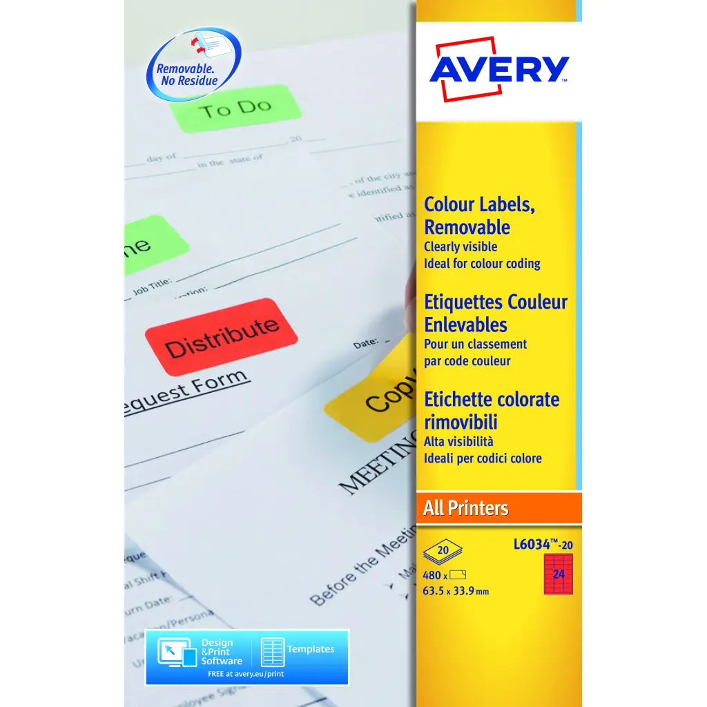 Avery Coloured Label 63.5x34mm 24 Per A4 Sheet Red (Pack 480 Labels) L6034-20