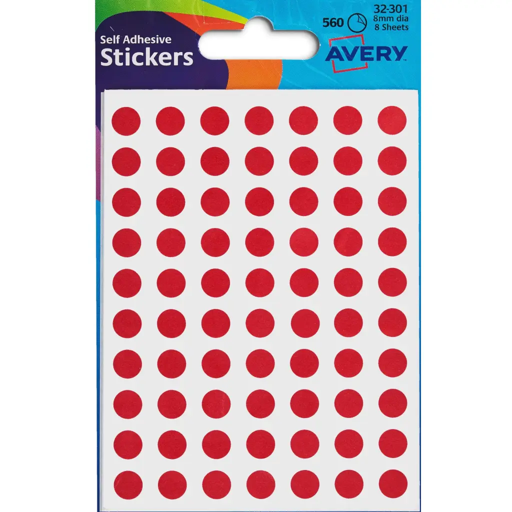 Avery Coloured Label Round 8mm Diameter Red (Pack 10 x 560 Labels) 32-301