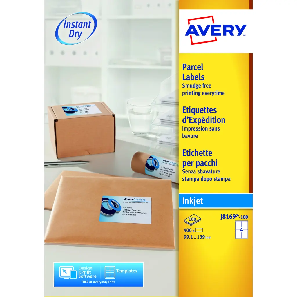 Avery Inkjet Address Label 139x99mm 4 Per A4 Sheet White (Pack 400 Labels) J8169-100