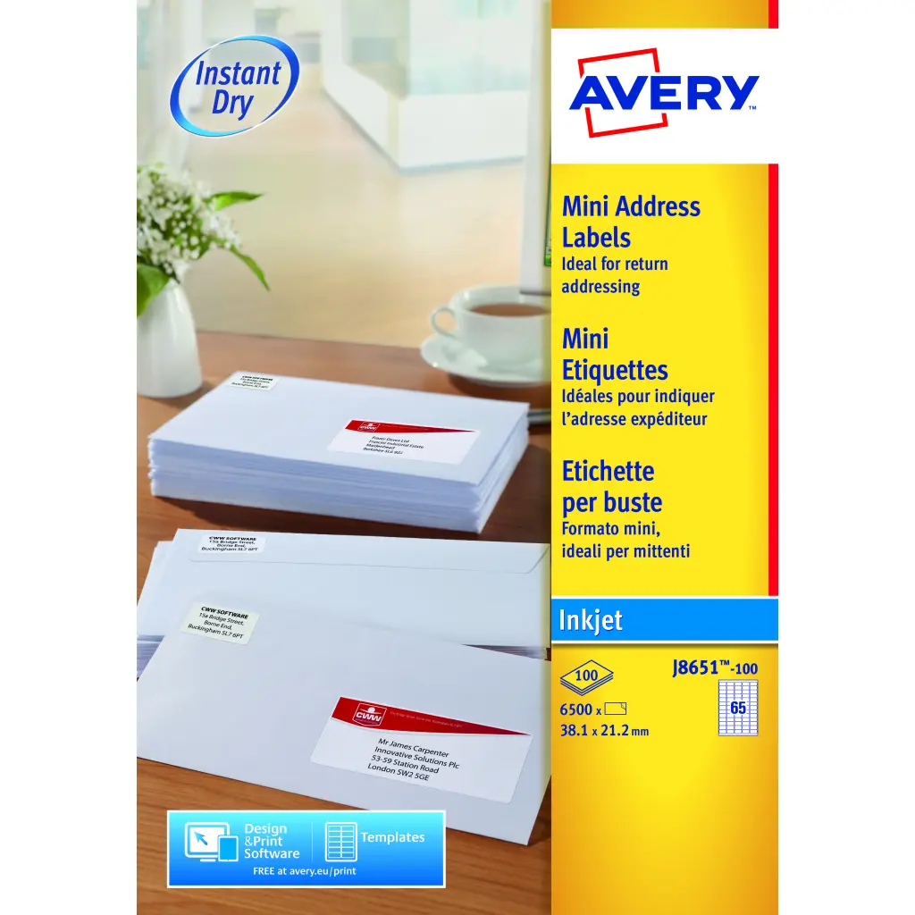 Avery Inkjet Address Label 38x21mm 65 Per A4 Sheet White (Pack 6500 Labels) J8651-100