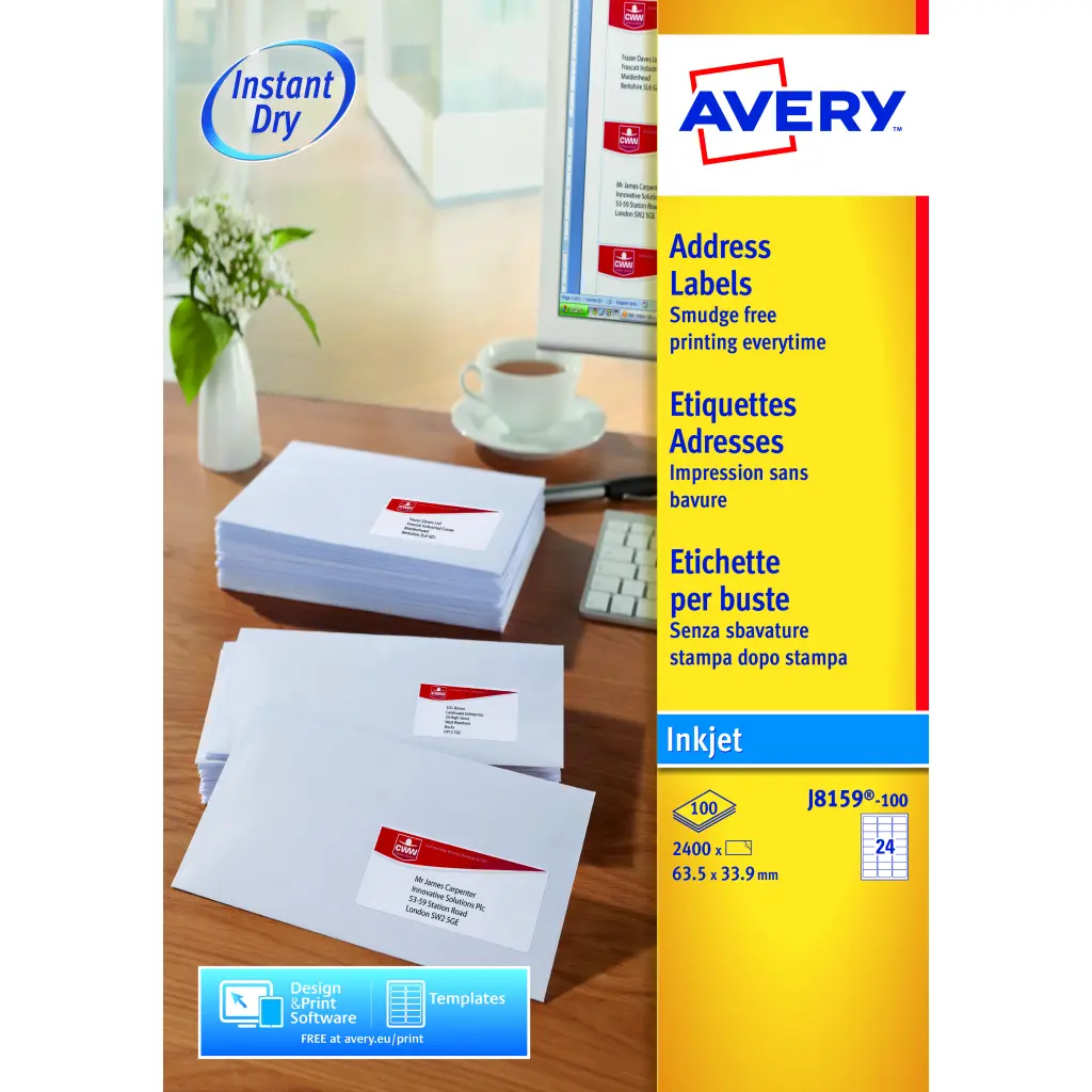 Avery Inkjet Address Label 63.5x34mm 24 Per A4 Sheet White (Pack 2400 Labels) J8159-100