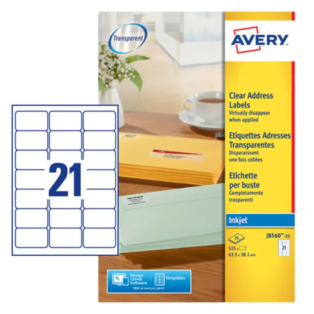 Avery Inkjet Address Label 63.5x38.1mm 21 Per A4 Sheet Clear (Pack 525 Labels) J8560-25