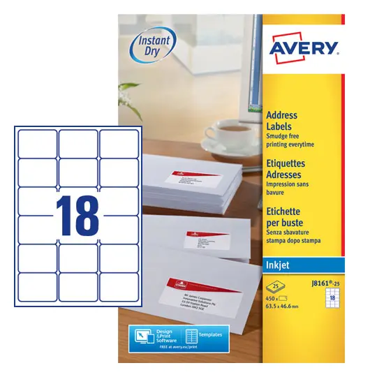 Avery Inkjet Address Label 63.5x46.6mm 18 Per A4 Sheet White (Pack 450 Labels) J8161-25