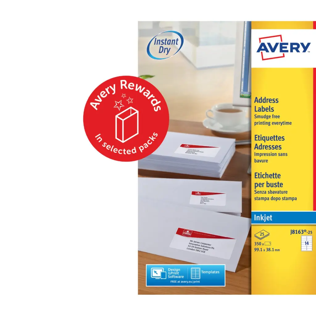 Avery Inkjet Address Label 99.1x38.1mm 14 Per A4 Sheet White (Pack 350 Labels) J8163-25