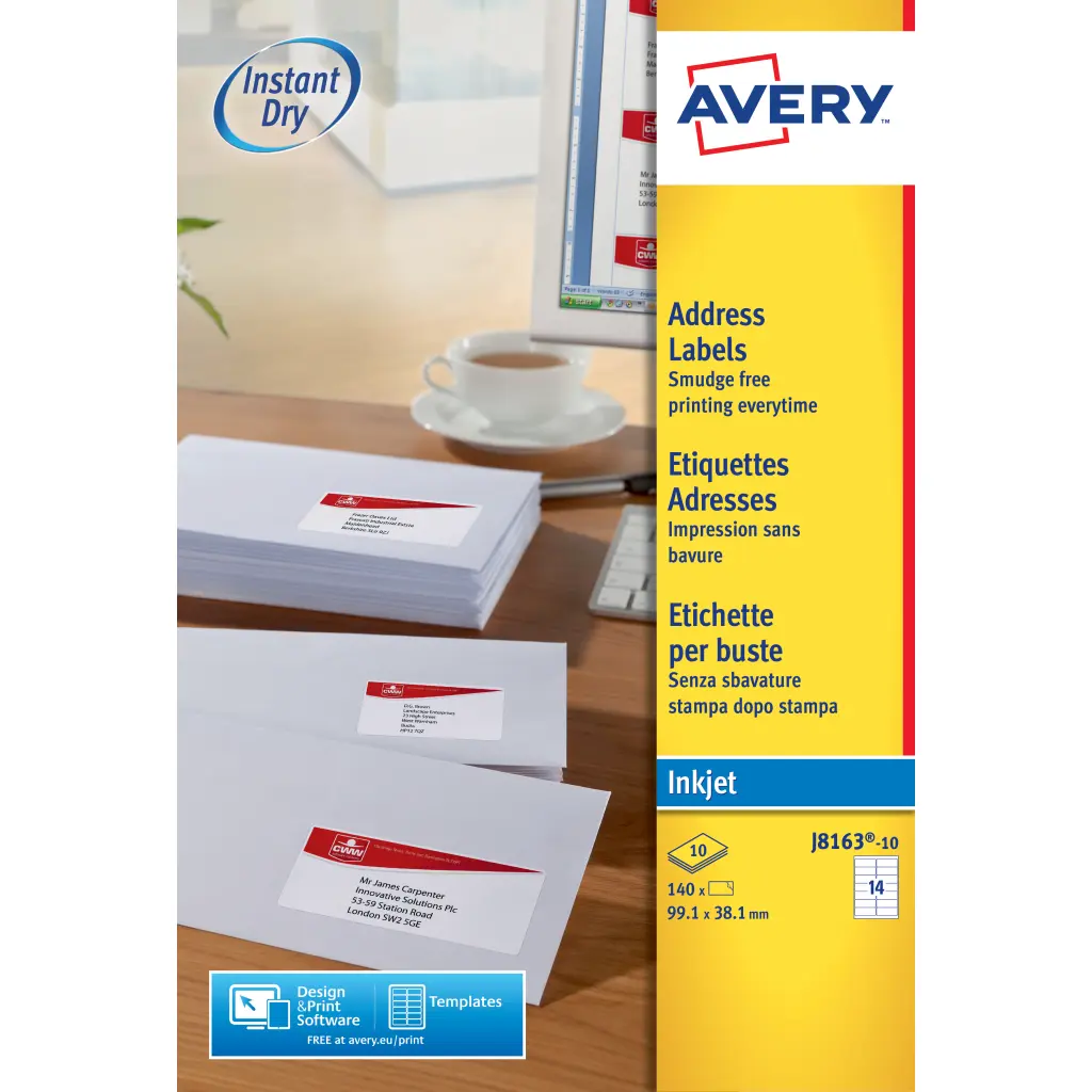 Avery Inkjet Address Labels 99.1 x 38.1 mm White  (Pack 140 Labels) - J8163-10