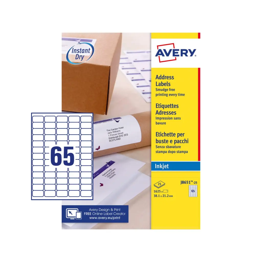 Avery Inkjet Mini Label 38.1x21.2mm 65 Per A4 Sheet White (Pack 1625 Labels) J8651-25
