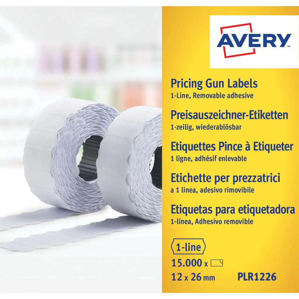 Avery Labels for Labelling Gun 1-Line Removable White 12x26mm 1500 per Roll (Pack 10) - PLR1226