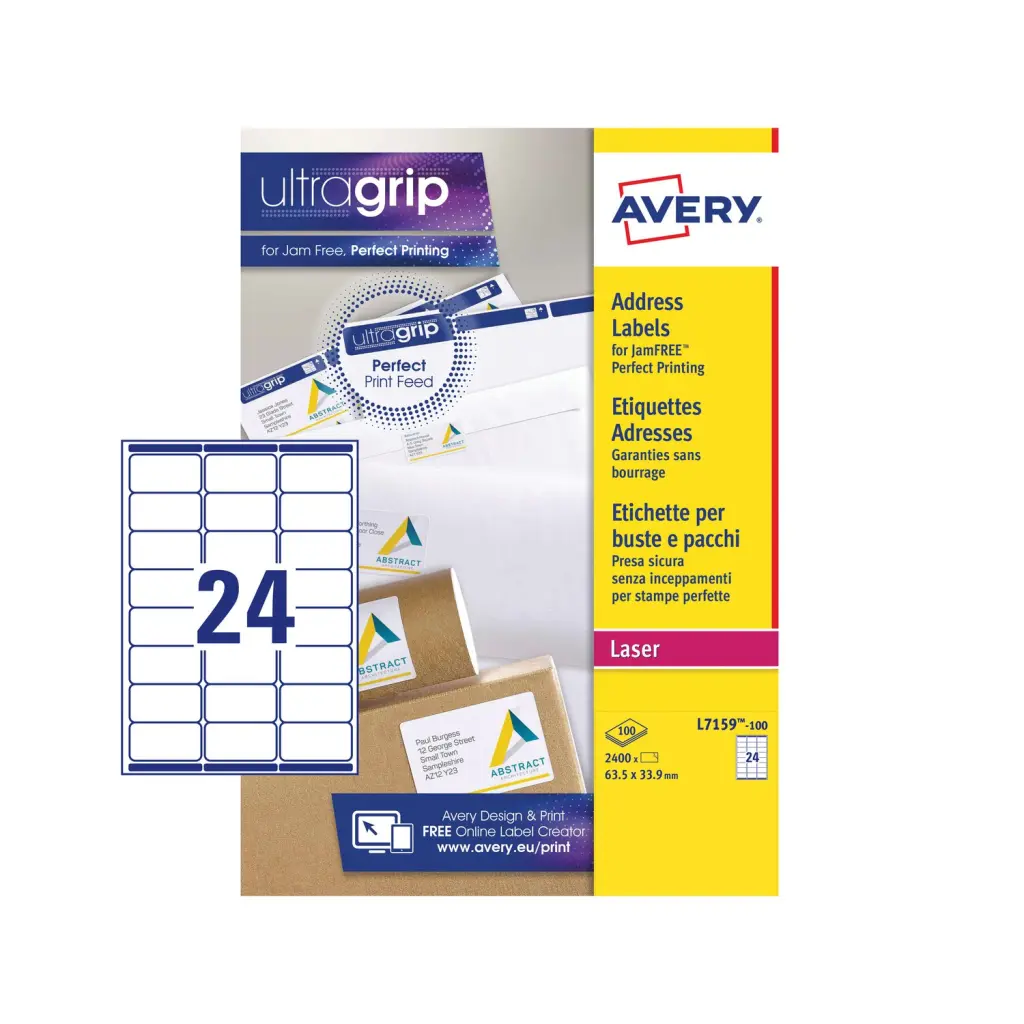 Avery Laser Address Label 63.5x33.9mm 24 Per A4 Sheet White (Pack 2400 Labels) L7159-100