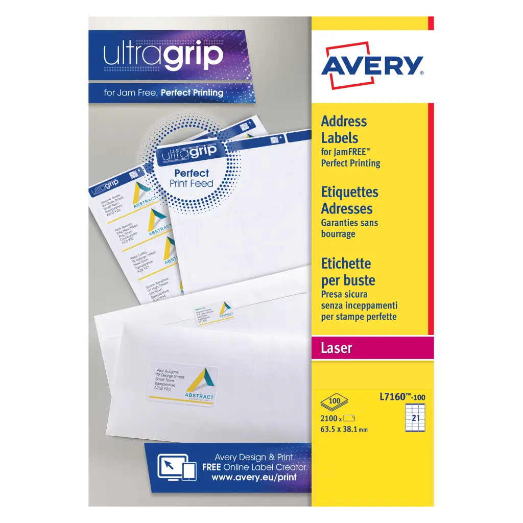 Avery Laser Address Label 63.5x38.1mm 21 Per A4 Sheet White (Pack 2100 Labels) L7160-100