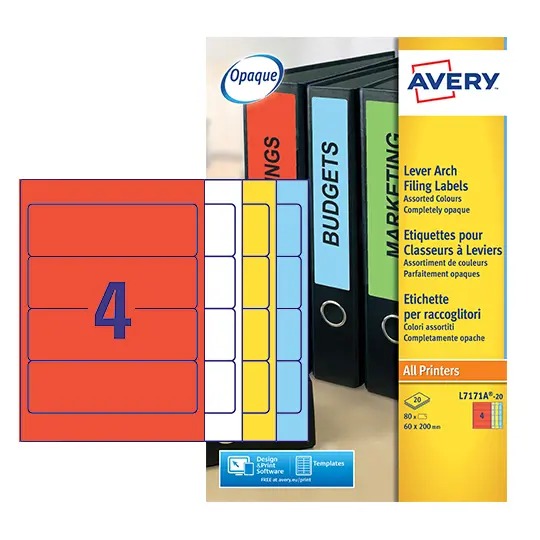 Avery Laser Filing Label Lever Arch File 200x60mm 4 Per A4 Sheet Multicoloured (Pack 80 Labels) - L7171A-20