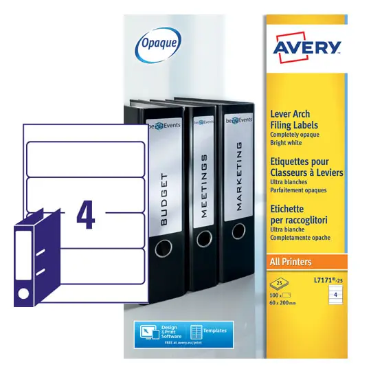 Avery Laser Filing Label Lever Arch File 200x60mm 4 Per A4 Sheet White (Pack 100 Labels) L7171-25