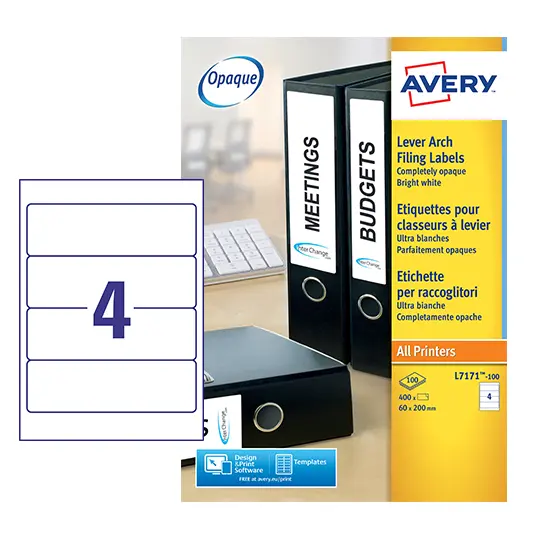 Avery Laser Filing Label Lever Arch File 200x60mm 4 Per A4 Sheet White (Pack 400 Labels) L7171-100