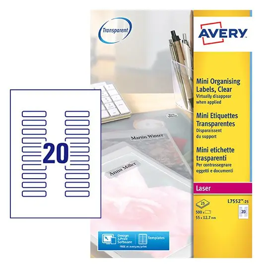 Avery Laser Mini Label 55x122mm 25 Per A4 Sheet Clear (Pack 500 Labels) L7552-25