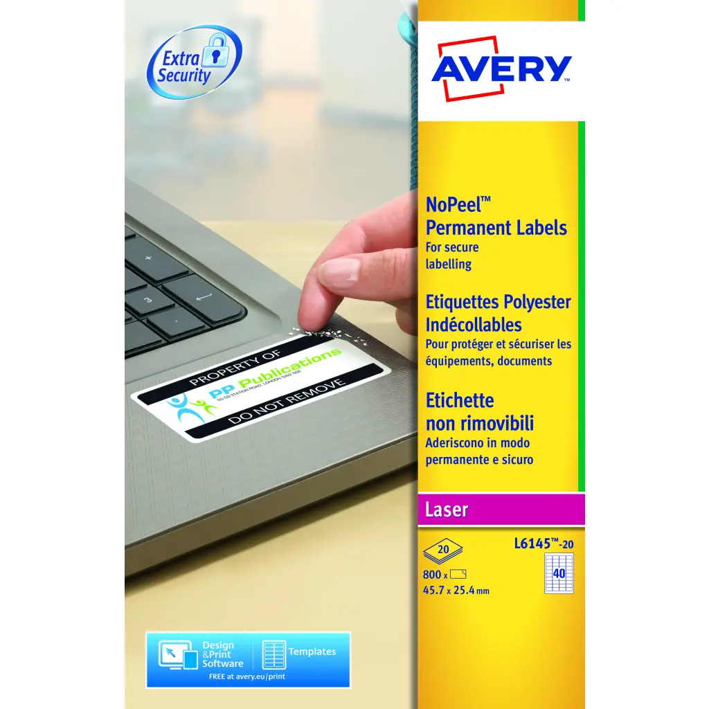 Avery Laser NoPeel Anti-Tamper Permanent Label 45.7x25mm 40 Per A4 Sheet White (Pack 800 Labels) L6145-20