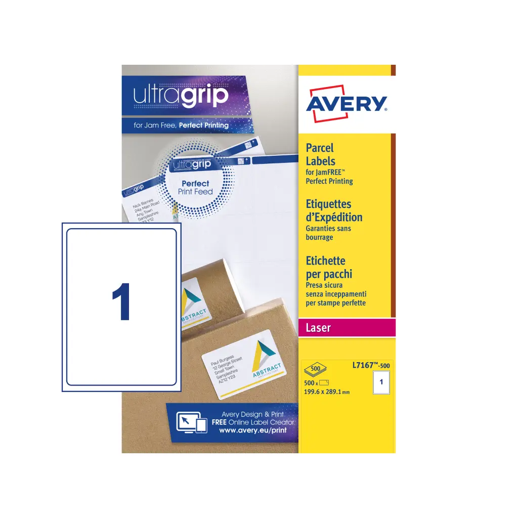 Avery Laser Parcel Label 199.6x289mm 1 Per A4 Sheet White (Pack 500 Labels) L7167-500