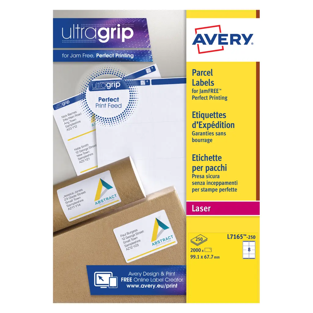 Avery Laser Parcel Label 99x67.7mm 8 Per A4 Sheet White (Pack 2000 Labels) L7165-250
