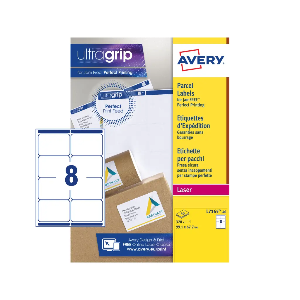 Avery Laser Parcel Label 99x67.7mm 8 Per A4 Sheet White (Pack 320 Labels) L7165-40