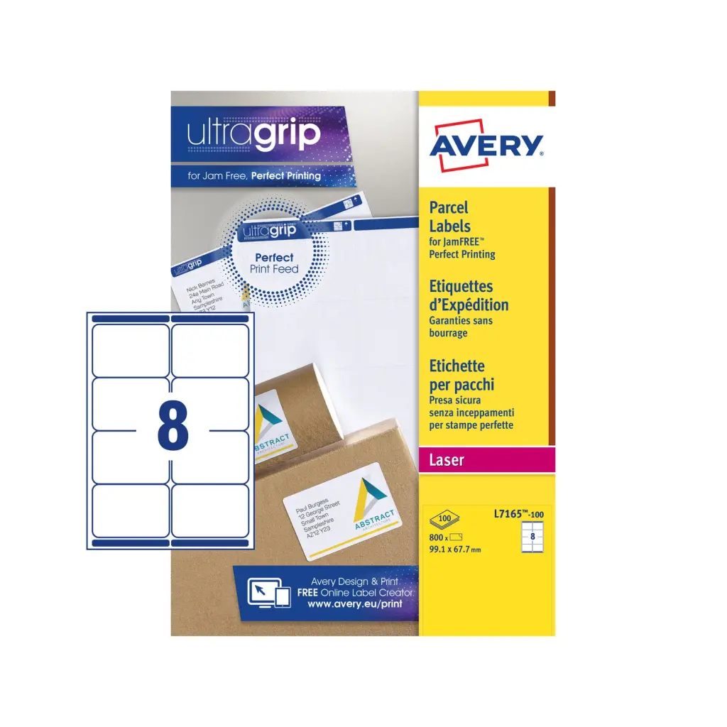 Avery Laser Parcel Label 99x67.7mm 8 Per A4 Sheet White (Pack 800 Labels) L7165-100