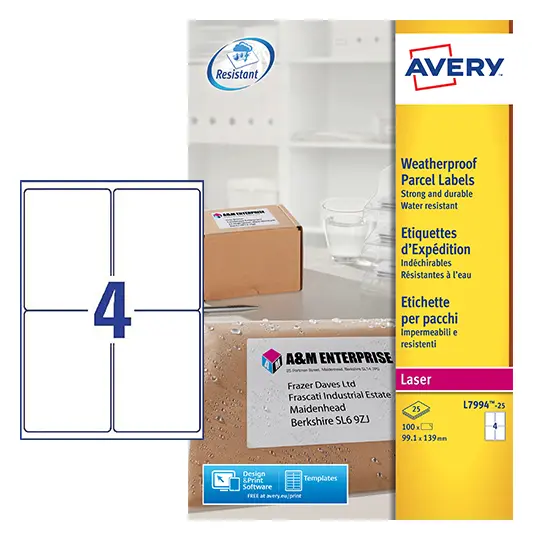 Avery Laser Weatherproof Parcel Label 99x139mm 4 Per A4 Sheet White (Pack 100 Labels) L7994-25