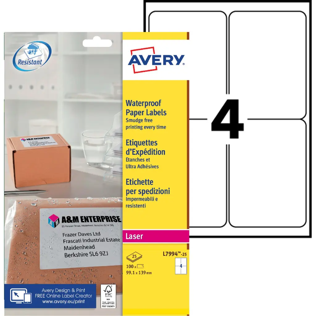 Avery Laser Weatherproof Parcel Label 99x139mm 4 Per A4 Sheet White (Pack 100 Labels) L7994-25