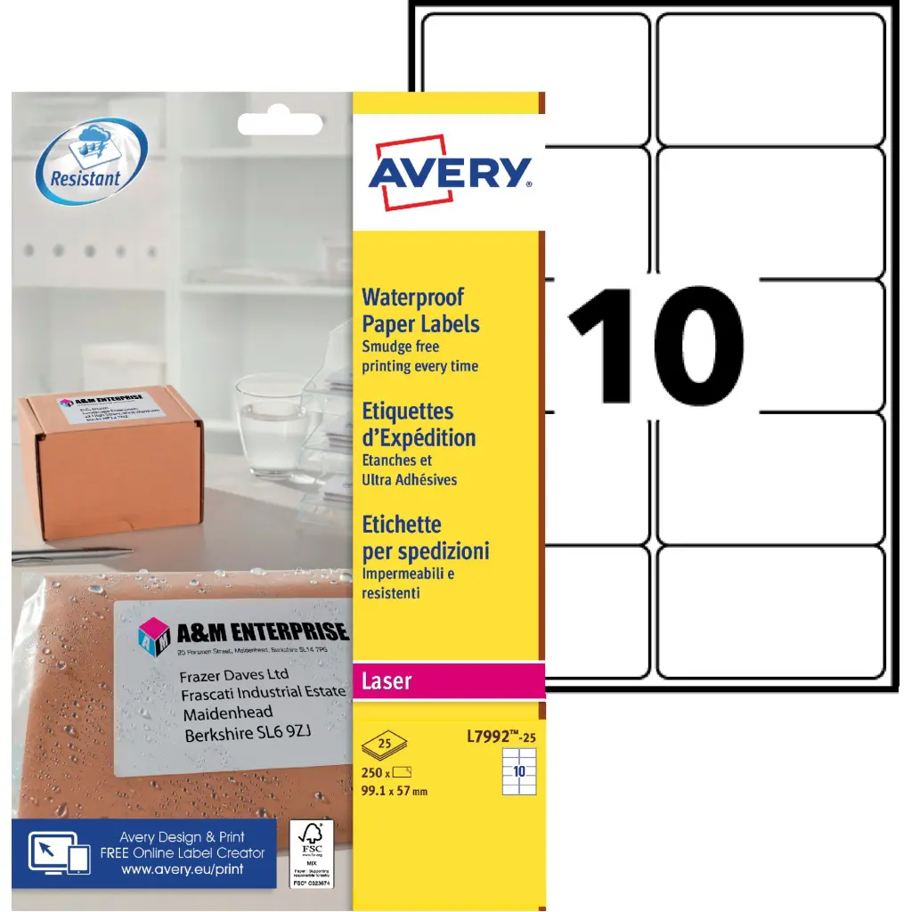 Avery Laser Weatherproof Parcel Label 99x57mm 10 Per A4 Sheet White(Pack 250 Labels)L7992-25