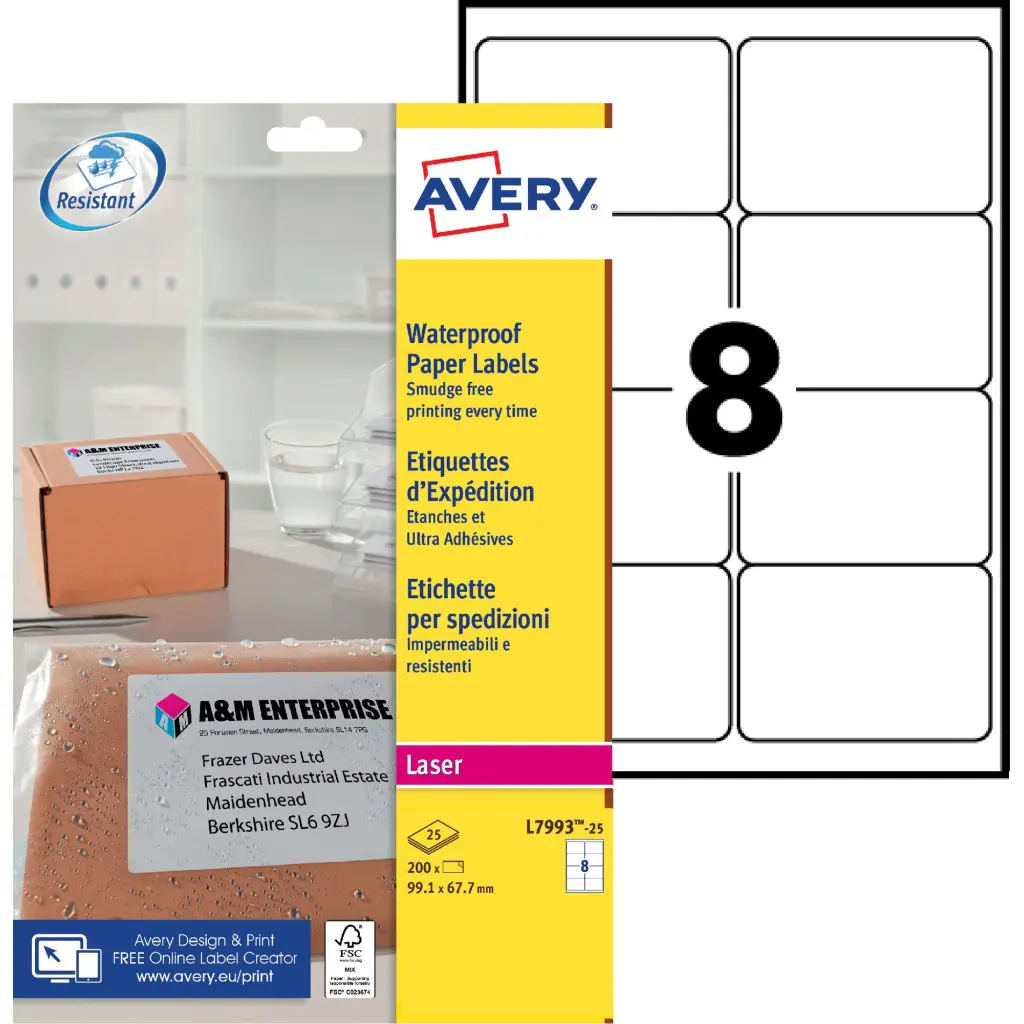 Avery Laser Weatherproof Parcel Label 99x67mm 8 Per A4 Sheet White (Pack 200 Labels) L7993-25