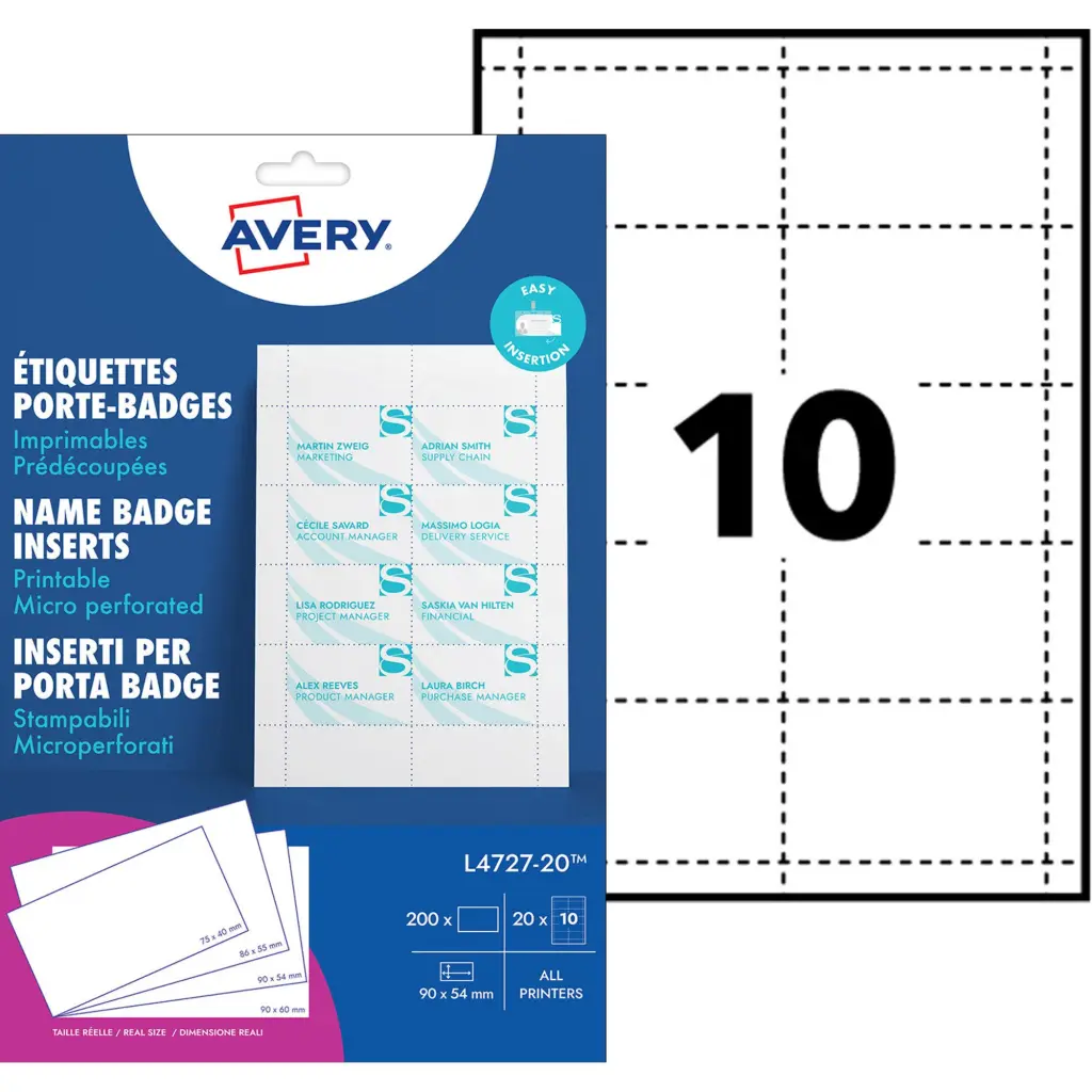 Avery Microperforated Printable Inserts 90mm x 54mm All Printers 200 Labels / 20 sheet - L4727-20