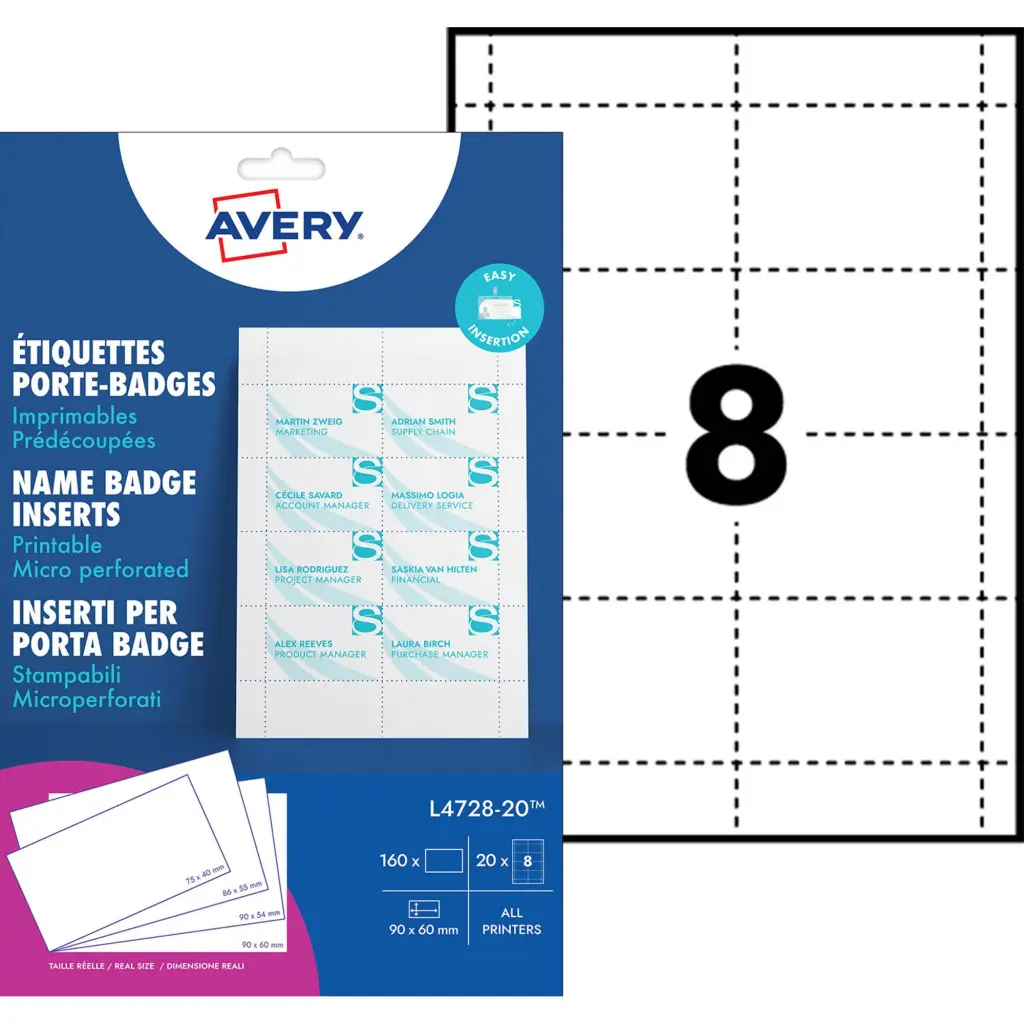 Avery Microperforated Printable Inserts 90mm x 60mm All Printers 160 Labels / 20 Sheet - L4728-20