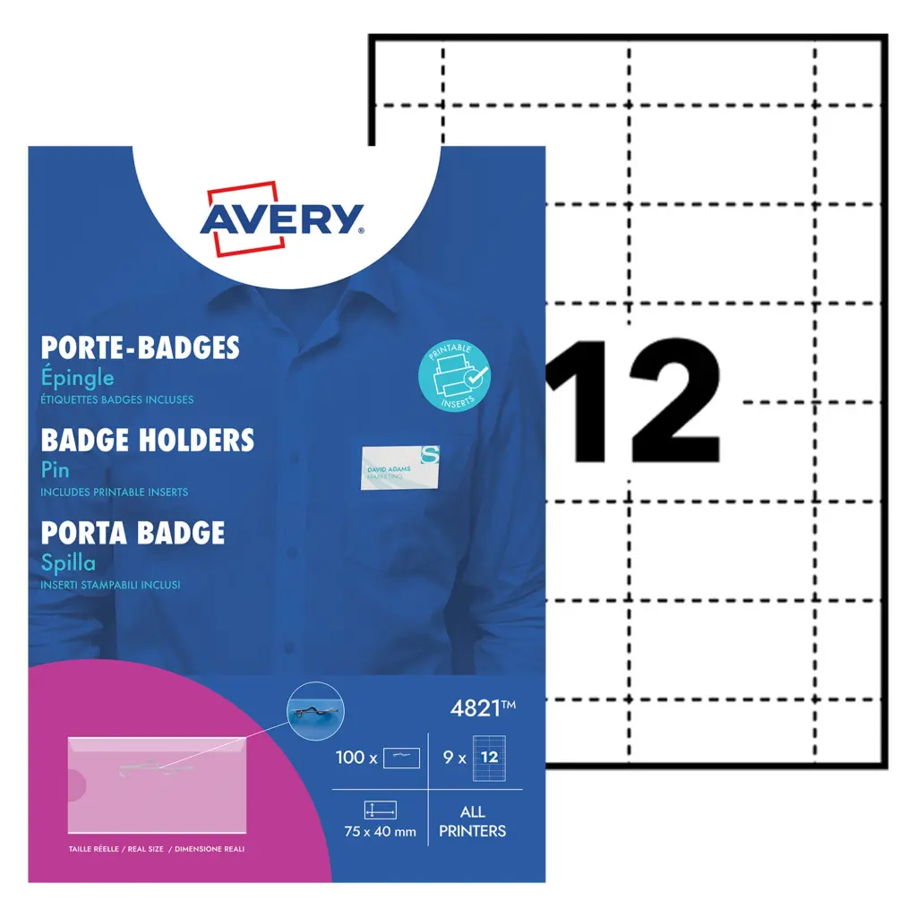Avery Pin Badge Holders 40mm x 75mm 108 Inserts 100 Holders - 4821