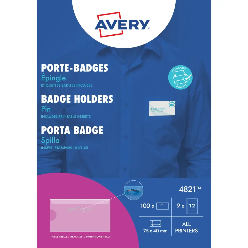 Avery Pin Badge Holders 40mm x 75mm 108 Inserts 100 Holders - 4821