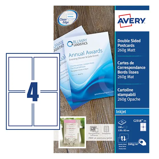 Avery Printable Cards 128mm x 82mm Inkjet Prints on Both Sides 100 Cards / 25 Sheets - C2318-25