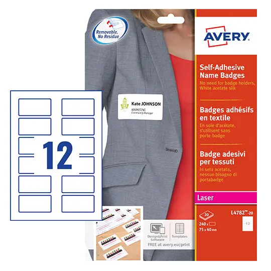 Avery Self Adhesive Name Badges 75 x 40 mm Laser Acetate Silk 240 Labels / 20 Sheets - L4782-20