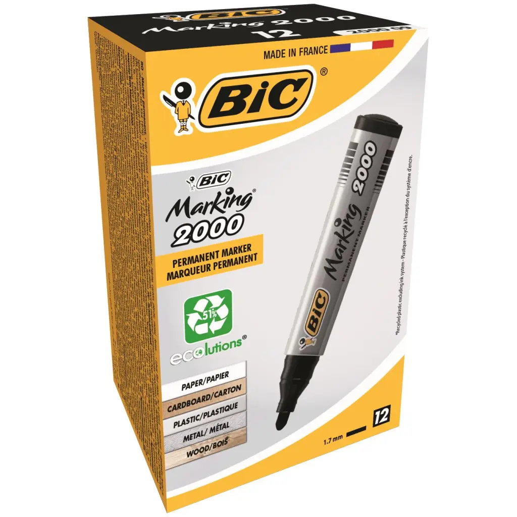 BIC 2000 Permanent Marker Bullet Tip Black Pack of 12